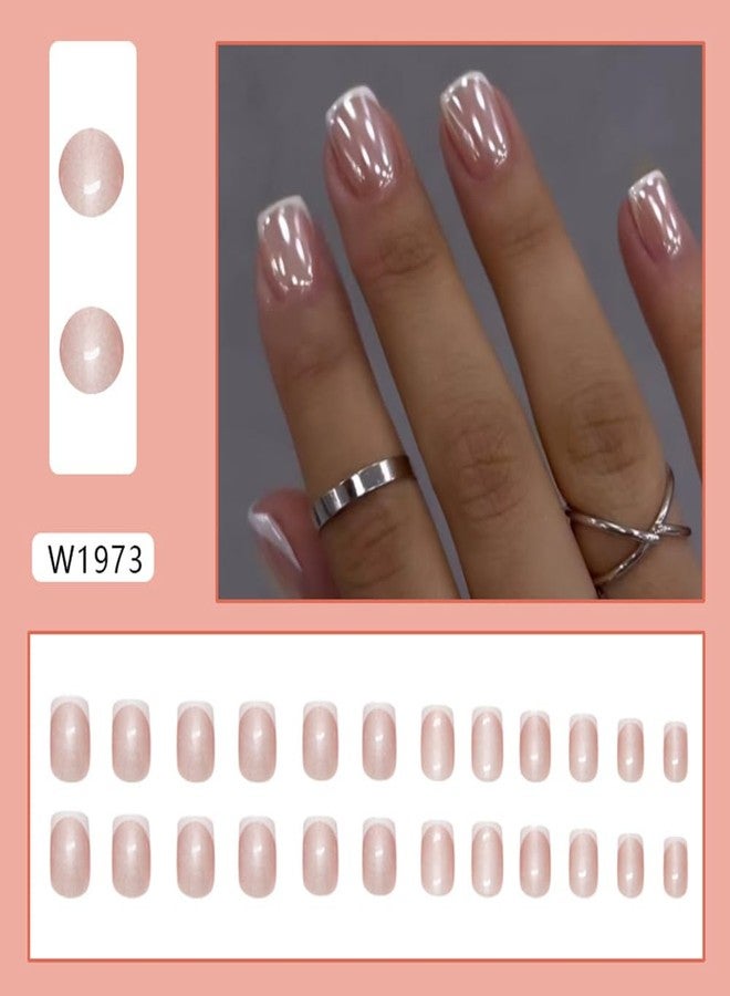 OSTTMA 24Pcs French Tip Press on Nails Short Square Fake Nails Pearl Shine False Nail Glossy Glitter Acrylic Nail Full Cover Glue Stick on Nails French Tips Artificial Fingernails for Women - Image 2
